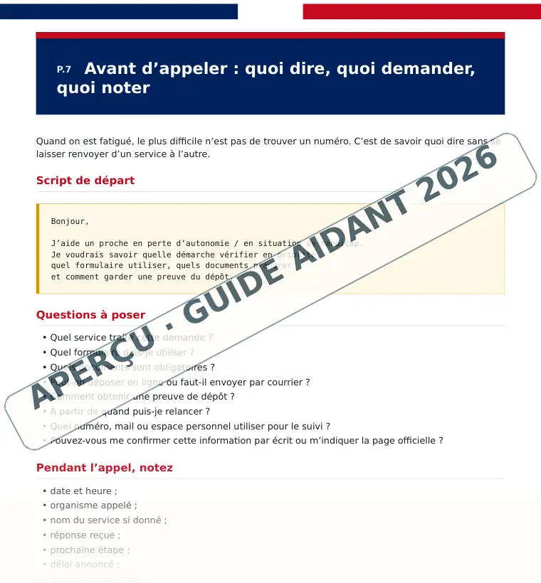 Extrait filigrané du script de préparation d’un appel administratif dans le Guide Aidant